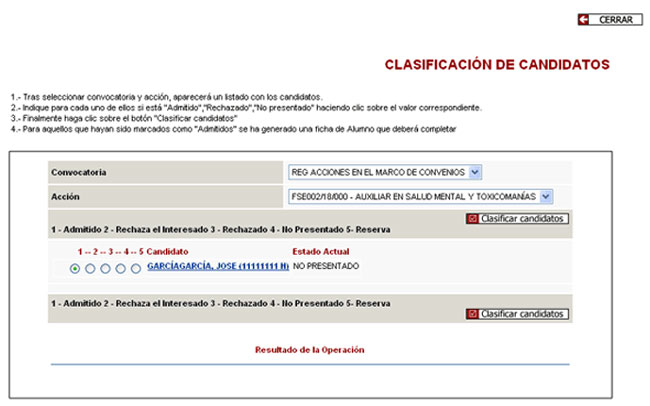 Clasificaci�n de candidatos